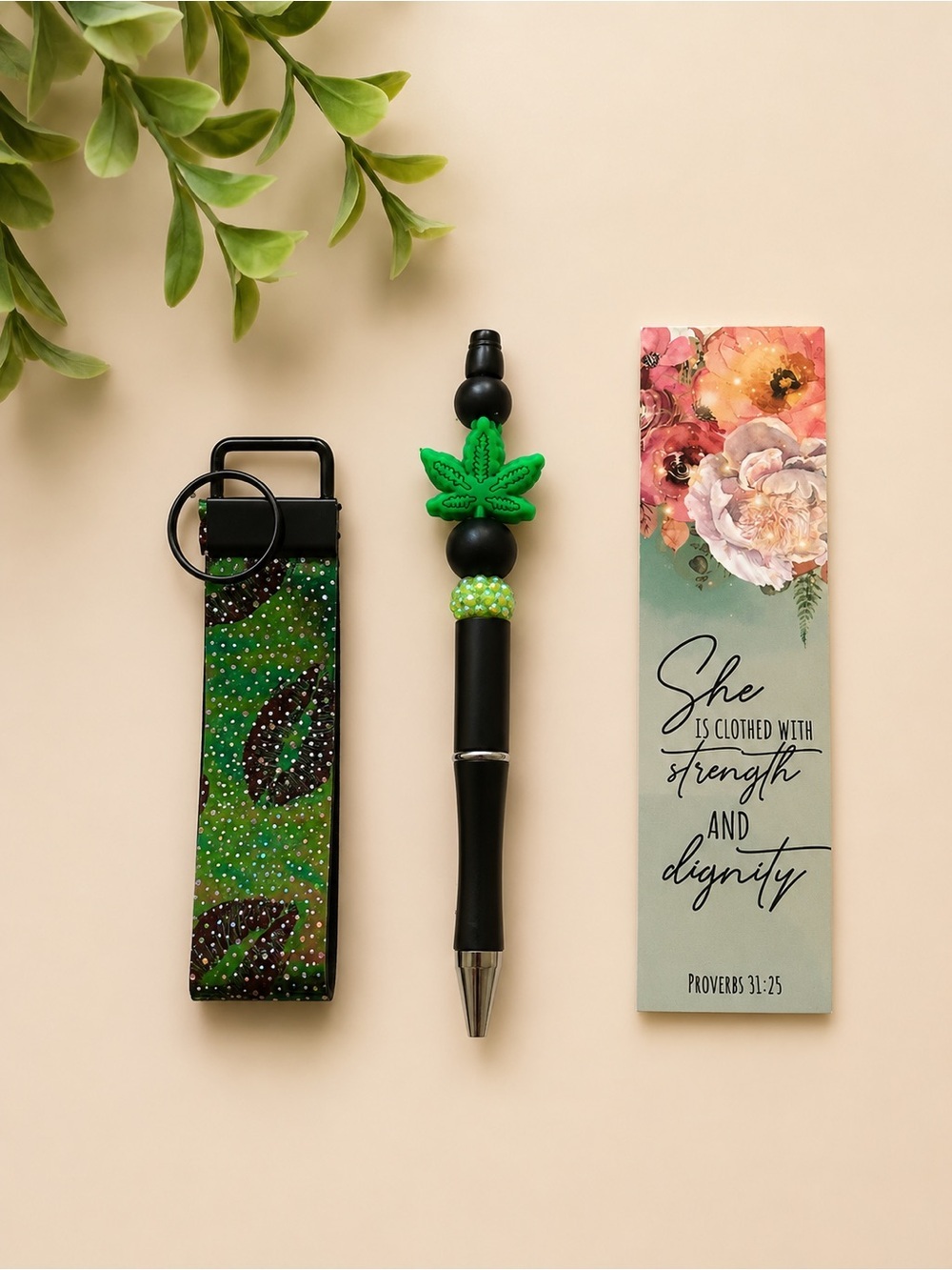 Black Pen with Green Leaf Charm and Green Fabric Key Fob